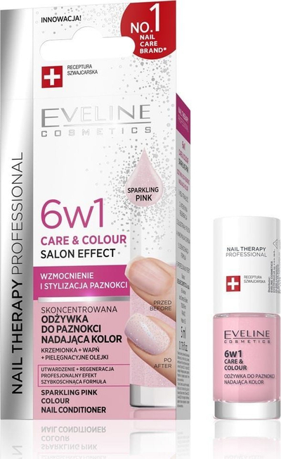 Balsam thonjsh me ngjyrë Eveline Nail Therapy 6 në 1, Sparkling Pink, 5 ml