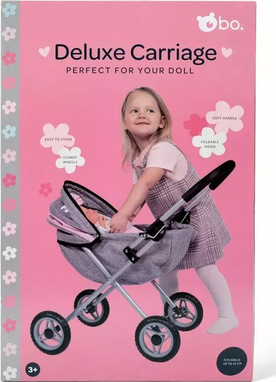 Karrocë lodër për kukulla bo. Pram Deluxe, për kukulla deri 42 cm, me dorezë të butë, gri me rozë