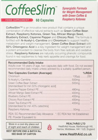 Kapsula CoffeeSlim (për menaxhimin e peshës trupore) nga HealthAid, 60 copë