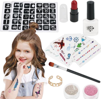 Set kozmetik për kalamaj Set For Making Tattoos, tatuazhe të përkohshme, glitter për thonj, shumëngjyrësh