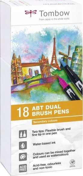 Set stilolapsash brush Tombow ABT Dual Brush Pen, 18 copë, ngjyra dytësore, paketim i bardhë