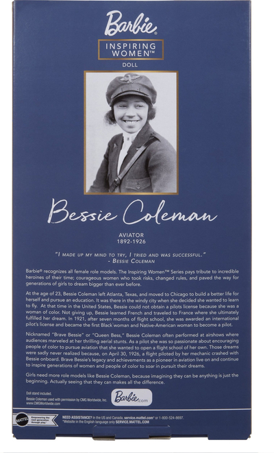 Kukull Barbie Bessie Coleman, Inspiring Women Series, koleksionare, me bazament, në ngjyrë ulliri