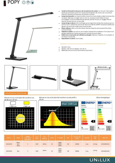 Lampë tavoline UNILUX POPY, LED, me rregullim drite, e zezë