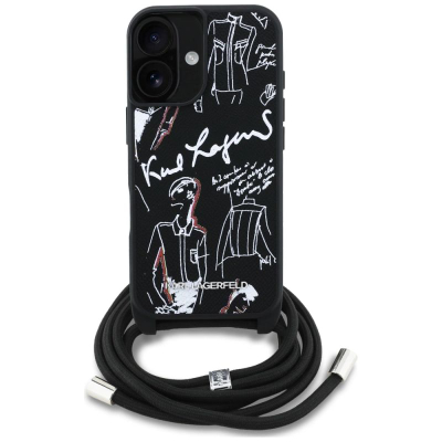 Mbulesë telefoni Karl Lagerfeld Crossbody MagSafe për iPhone 16, me rrip, e zezë