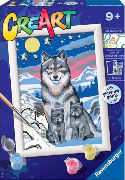 Set pikturimi me numra Ravensburger CreArt Moon Light Wolves, 9+, me kornizë, shumëngjyrësh