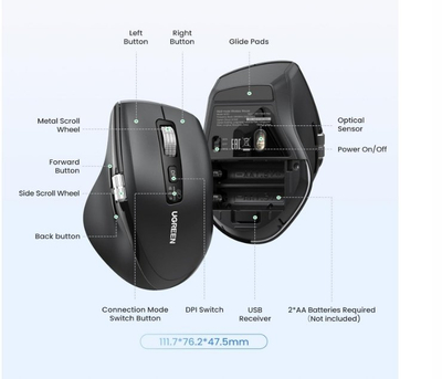 Maush pa tela Ugreen Wireless Optical, 2.4G edhe Bluetooth, 5000 DPI, i zi