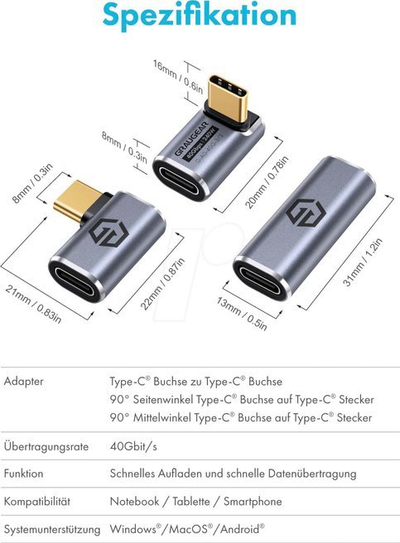 Adapter USB C GrauGear G AD 40G 3, 40 Gbps, set 3 copë, gri