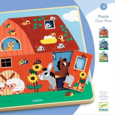 Puzzle me shtresa Djeco Chez Moo, puzzle druri, shumëngjyrësh