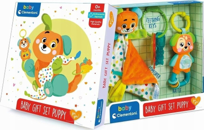 Set dhuratë për bebe Clementoni Little Dog, lodër pelushi, zile dhe çelësa për kafshim, shumëngjyrësh