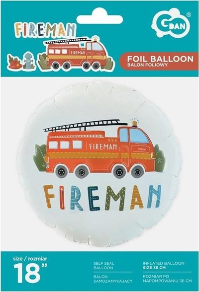 Balon dekorative Godan Fireman, foli, 46 cm, i rrumbullakët, me shumë ngjyra