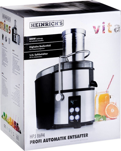 Shtrydhëse frutash dhe perimesh Heinrich's HPJ 8694, 800W, çelik inox, argjendtë e zezë