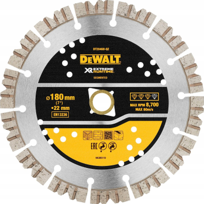 Disk prerës diamanti DeWALT DT20468, 180mm, për beton dhe tullë, i verdhë