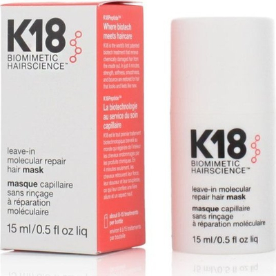 Maskë flokësh K18 Biomimetic Hairscience, pa shpëlarje, për riparim molekular, 15 ml, e bardhë