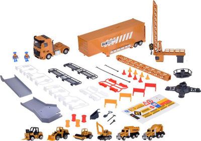 Set lodrash ndërtimi GLW TIR Truck, 6 makina ndërtimi, me vinç dhe platformë që hapet, portokalli