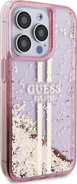 Këllëf telefoni Guess Liquid Glitter Gold Stripes për iPhone 15 Pro Max, i fortë, me shkëlqim, rozë