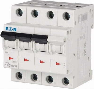 Ndërprerës automatik Eaton PL6-D10/3N, 3P+N, 10A 6kA, i bardhë