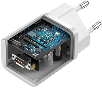Karikues Baseus Super Si Quick 1C, USB-C, 25W, i bardhë + kabllo USB-C - USB-C, 3A, 1m, e bardhë