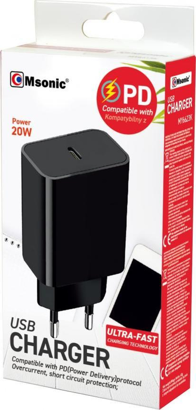 Ѕиден полнач Мsonic MY6623K, USB C PD, 20W, црн