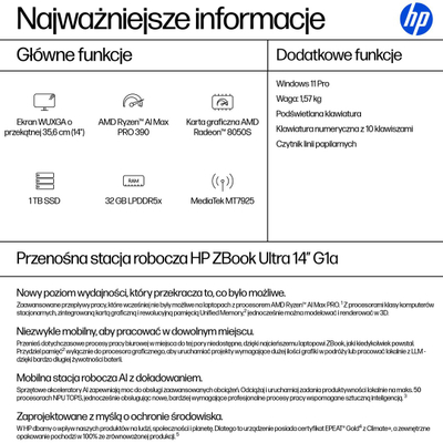 Лаптоп HP ZBook Ultra 14 G1a, 14\", Ryzen AI Max 390, 32GB RAM, 1TB SSD, сребрен