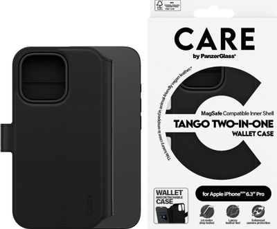 Mbulesë telefoni CARE by PanzerGlass Case Feature Tango 2‑në‑1 Portofol, për iPhone 16 Pro, lëkurë vegane, e zezë