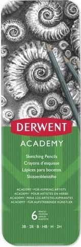 Set lapsash skicimi Derwent Academy, 6 copë, 3B deri 2H, në kuti metalike