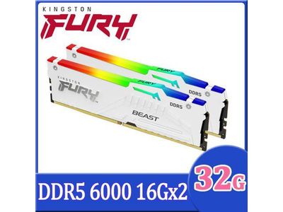 Memorie RAM Kingston FURY Beast, 32GB DDR5 6000MT/s, CL36, e bardhë me RGB