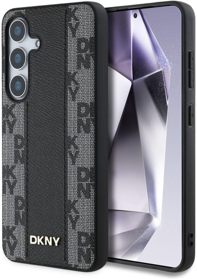 Заштитна маска за телефон DKNY Leather Case MagSafe за Samsung Galaxy S25, шаховски мотив, црна