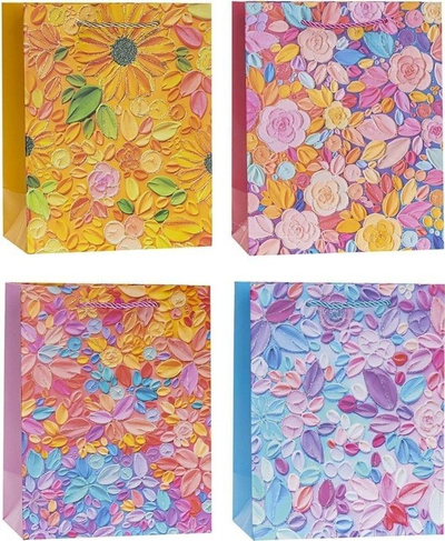 Кеса за подарок Rozette Handbag With Glitter Flowers, 31x42x10cm, со цветови со сјај, разновидни бои