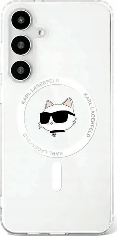 Kuti mbrojtëse Karl Lagerfeld për Samsung S25 KLHMS25SHLSCHH, magnetike, metalike, e bardhë