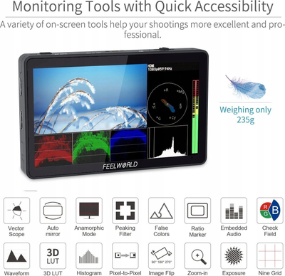 Видео монитор Feelworld F6 PLUS V2, 6\", IPS Full HD, HDMI 4K, црн