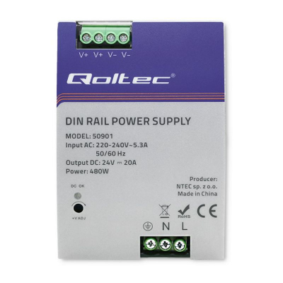 Furnizues energjie DIN Rail Qoltec 50901, 480W, 24V 20A, ngjyrë argjendtë