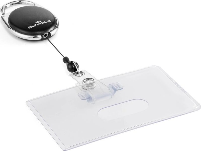 Rrotullë mbajtëse ID Durable STYLE Snap Button, me karabinë, për kartela identifikimi, transparente