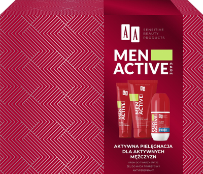 Set kozmetike për burra AA Men Active, krem fytyre SPF 30, xhel larje fytyre 3 në 1, antiperspirant, i kuq