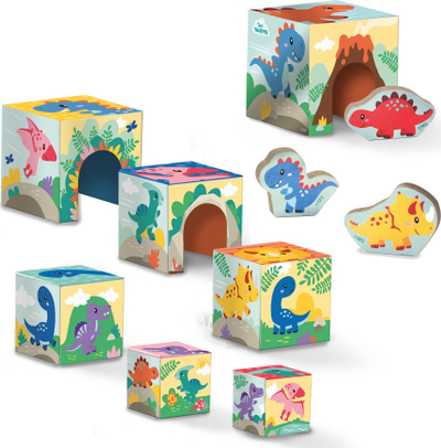 Set lodrash SES Creative Stacking Blocks Tower me figura dinosauri, 7 blloqe druri, me ngjyra të ndryshme