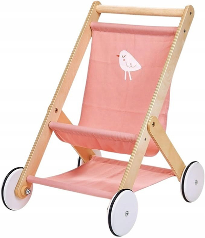 Karrocë druri për kukulla Mentari Toys Baby Doll Stroller, lodër për fëmijë 3+, rozë