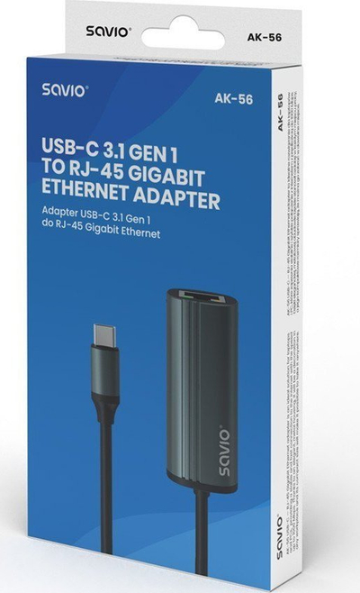 Adapter USB Savio AK-56, USB-C 3.1 Gen 1 në RJ-45 Gigabit Ethernet, gri e errët