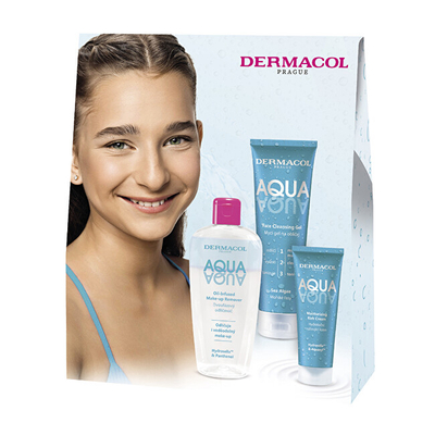 Set për fytyrë Dermacol Aqua Aqua, xhel pastrues 150 ml + pastrues dyfazor grimi 200 ml + krem hidratues 50 ml