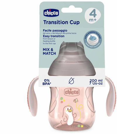 Чаша за тренирање Chicco Transition Cup 4m+, 200ml, со рачки, розова