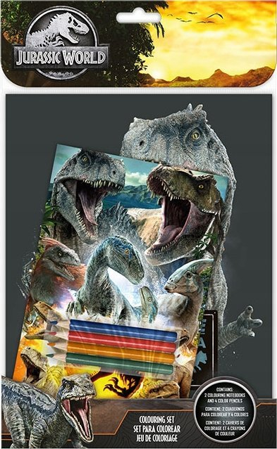 Set ngjyrosjeje Euroswan Jurassic World JP00037, fletë e ngjitëse, 4 lapsa me ngjyra, shumëngjyrësh