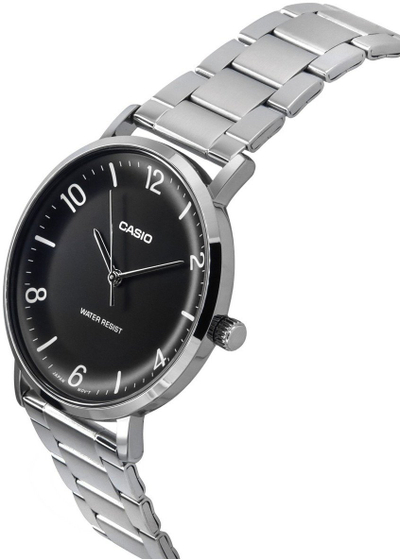 Orë dore Casio MTP-VT03D-1B, analog, çelik inox, cifër e zezë