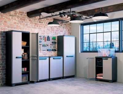 Dollap kopshti Keter Linear Low Cabinet, 1 raft i rregullueshëm, polipropilen rezistente, gri
