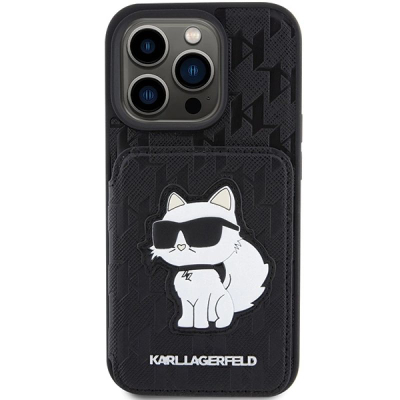 Mbulesë telefoni Karl Lagerfeld Saffiano Monogram CardSlots për iPhone 15 Pro Max, me xhepa për karta, e zezë