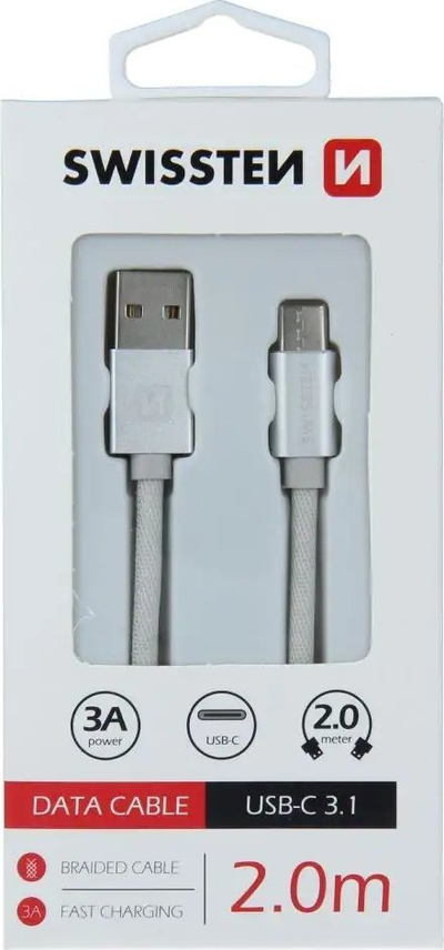 Кабел за податоци Swissten USB A во USB C, 2 m, пренос 3A, црна