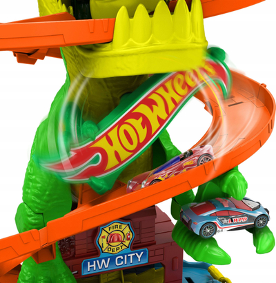 Set loje Hot Wheels City T-Rex Blaze Battle, pistë me dinosaurus, makinë 1:64, shumëngjyrëshe