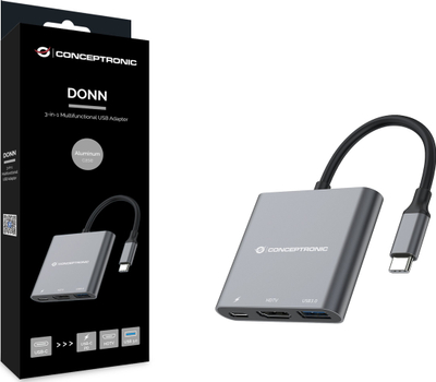 Adapter USB Conceptronic DONN01G, USB C në HDMI, 2x USB 3.0, PD, SD, 0.15m, gri