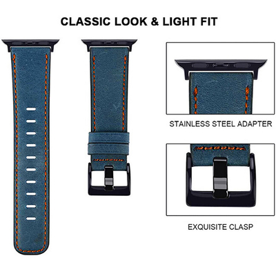 Rrip lëkure 4wrist për Apple Watch 42/44/45/49mm, i kaltër