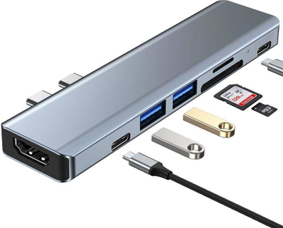 Adapter hub Tech-Protect V5-HUB, 7‑me‑1, USB‑C HDMI SD, gri metal