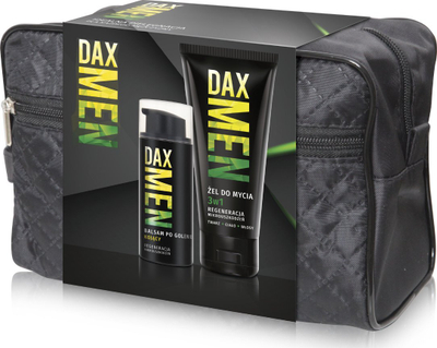 Set kujdesi Dax Men, krem fytyre anti aging, xhel dushi 3 në 1, çantë tualeti e zezë