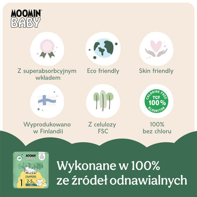 Pelena Moomin Baby Madhësia 1, 2-5 kg, 25 copë, të bardha