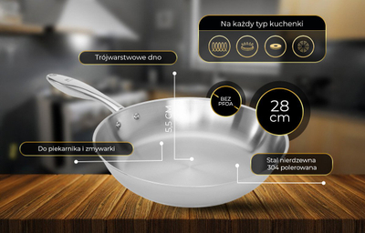 Tigan Shiori 28 cm, çelik inox 304, pa veshje, për induksion